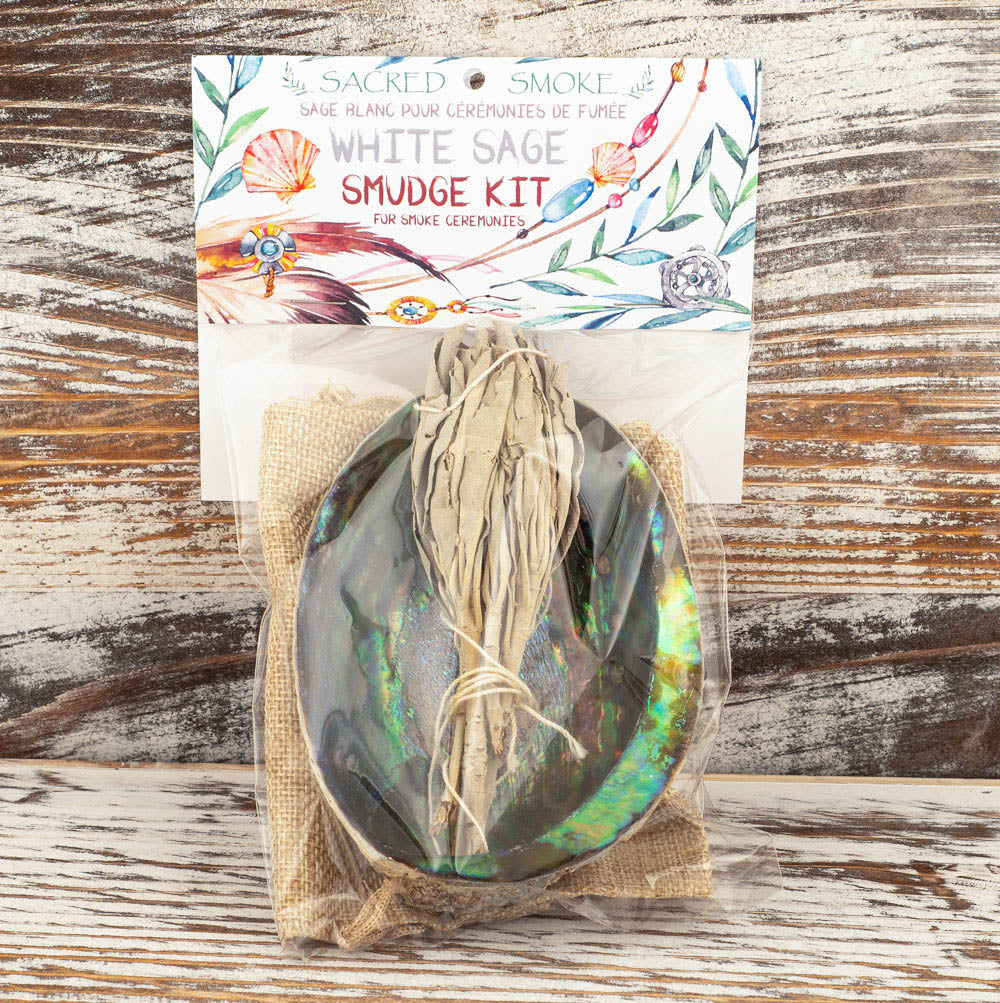 SMUDGE KIT - Paua Abalone With Bag & White Sage 4 inch Torch Style - With Header