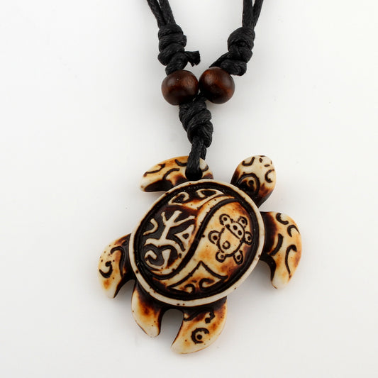 Plastic Brown Turtle  Necklace with Linen - Unisex