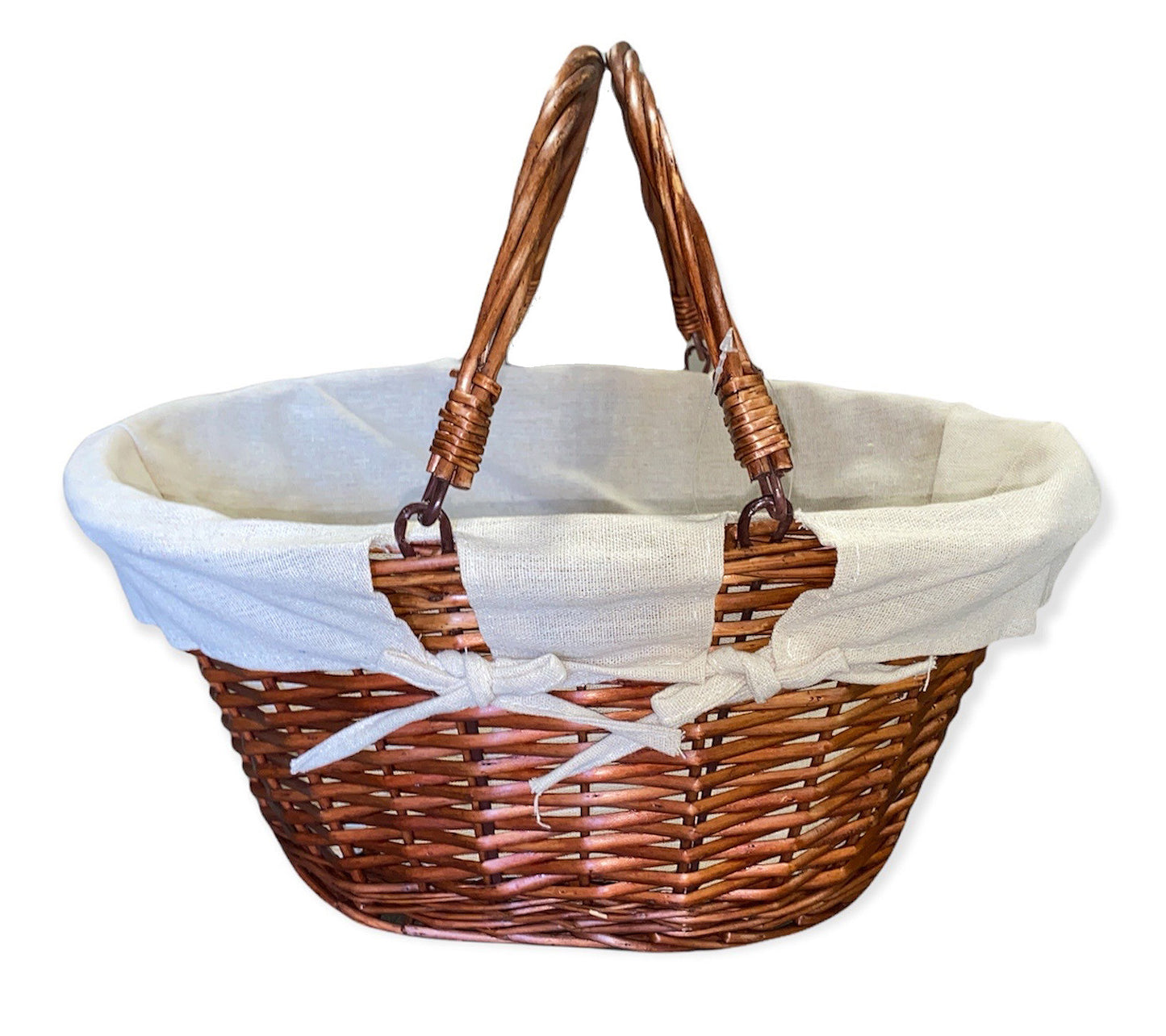 Oval Shopping Basket with Swing Handles - Brown Split Willow with Beige Canvas Lining - 16 x 13.5 x 8 deep 14 inch OAH - 12 per bundle - NEW222