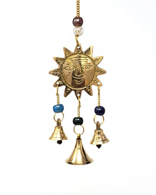 Brass Hanging Bells - Sun Design Wind Chime Witch Bells - 9 inch - India - NEW1121