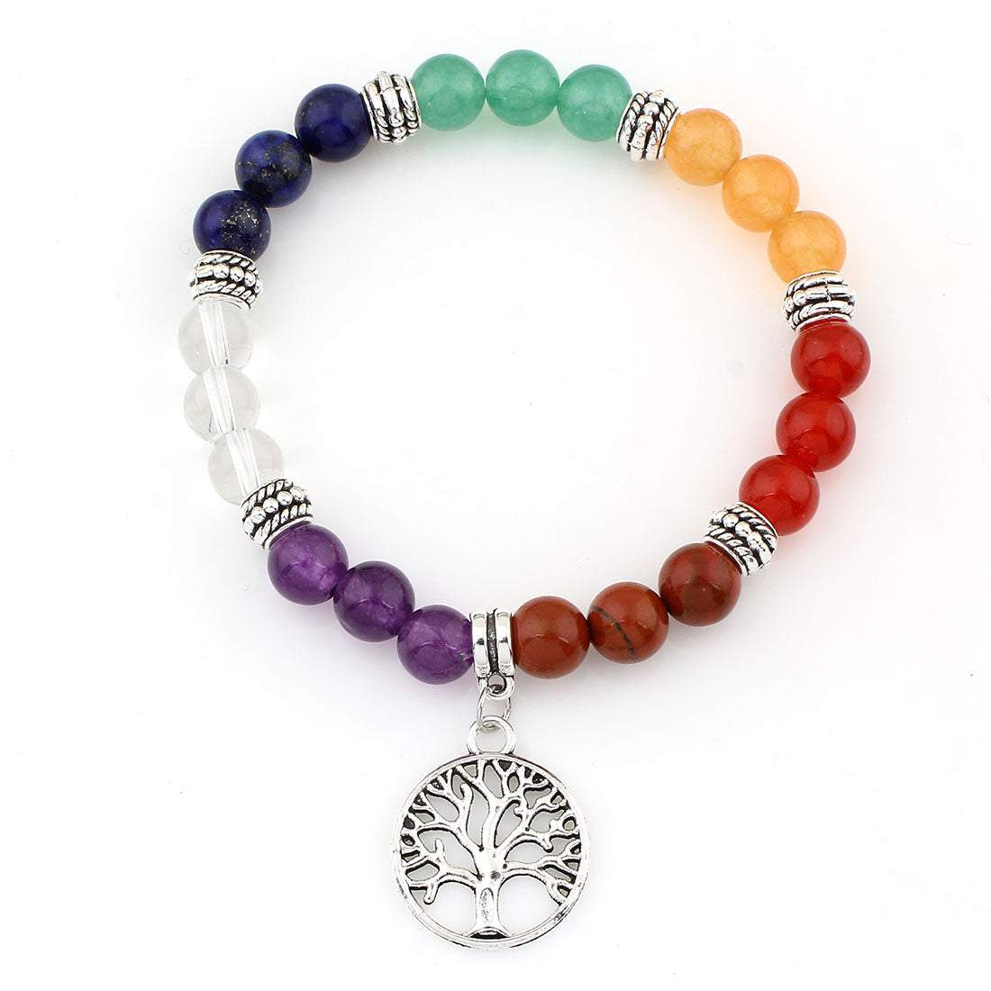 Multi-Coloured Gemstone Bracelet - Tree Of Life Charm - Silver Colour Plated - Length 7.5 inch