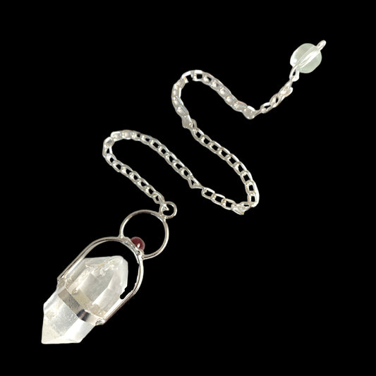 Clear Quartz Herkimer with Garnet Cab Pendulum with Chain - 35mm - 25g - NEW422