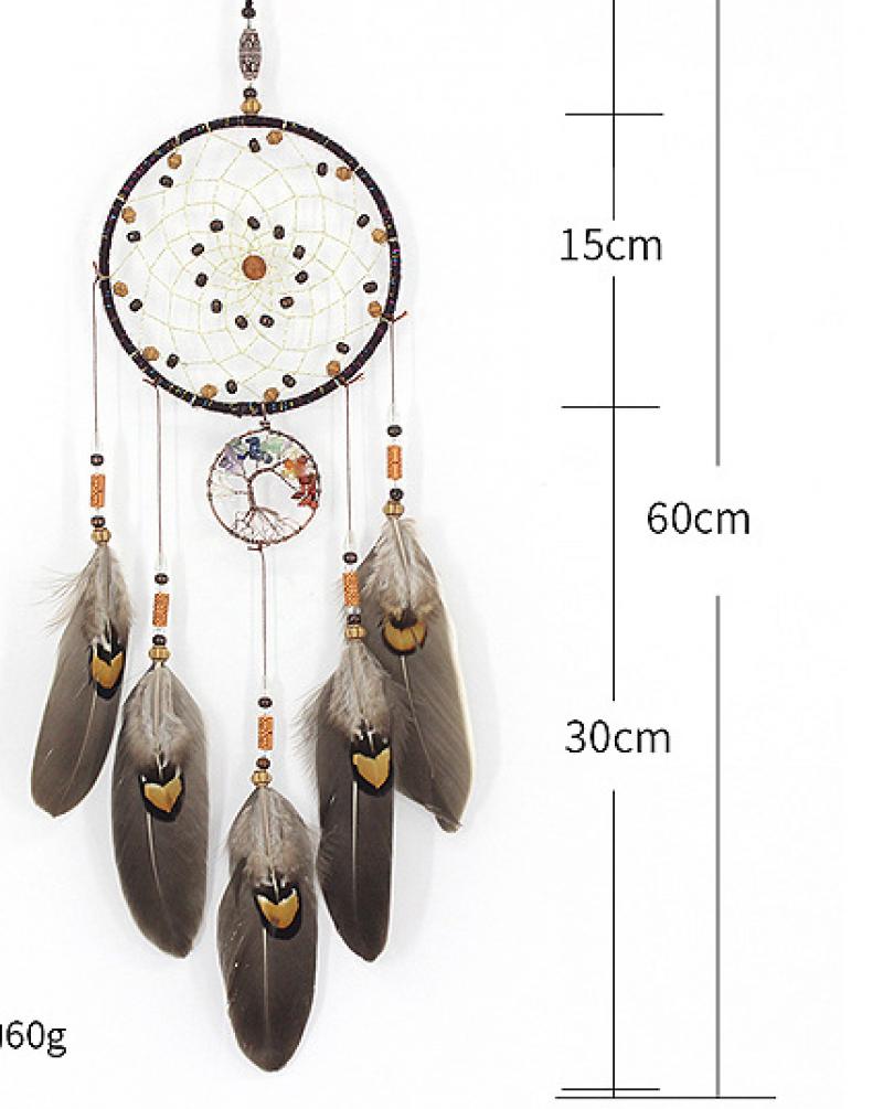 Fashion Dream Catcher with Chakra Gemstone Tree of Life Charm - Polymer and Plastic Beads with Feathers - Dark Brown - NEW222