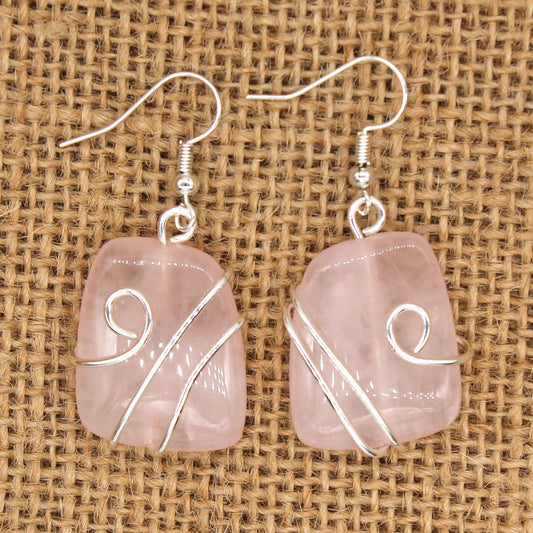 Rose Quartz Earring - Brass silver color plated - Size 25x20mm - NEW222