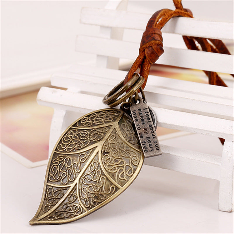 Antiqued Leaf Pendant on Adjustable PU Leather Cord Necklace - 65-70cm - NEW1021