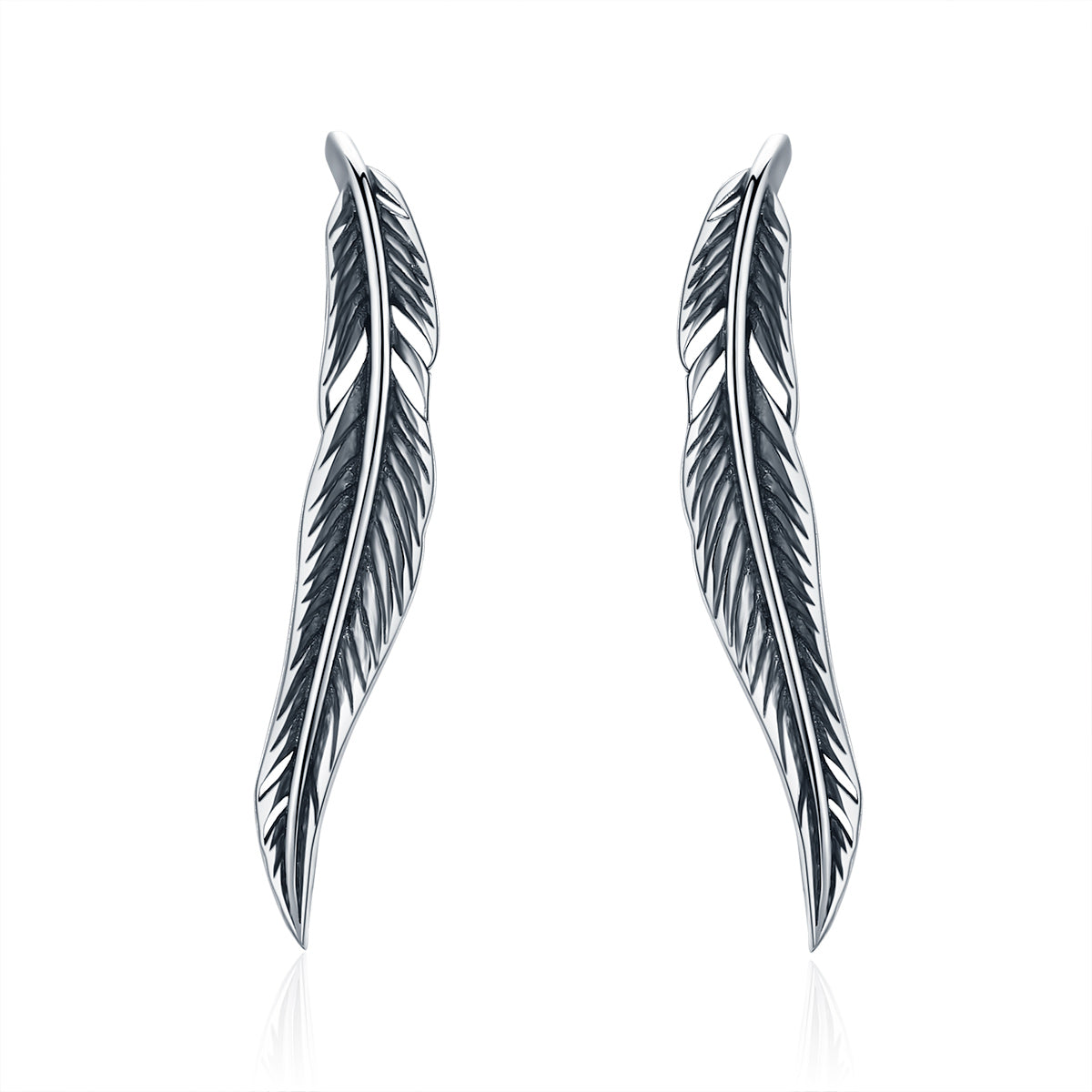 Feather Long Drop Earrings - Sterling Silver 925 - NEW622