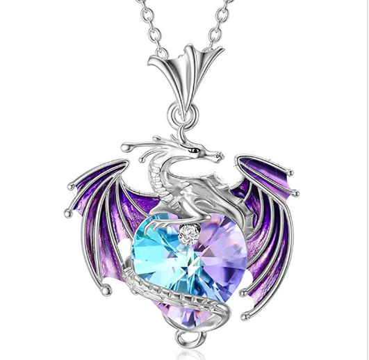 Dragon Crystal Necklace with Extender Chain Silver Plated - 26x20.3mm - 
 Length 45 cm - Purple - China - NEW224