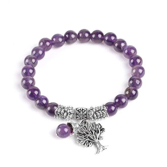 Natural Amethyst Stone Bracelet, with Tree of Life Charm - 8mm Length 7.8 Inch - China