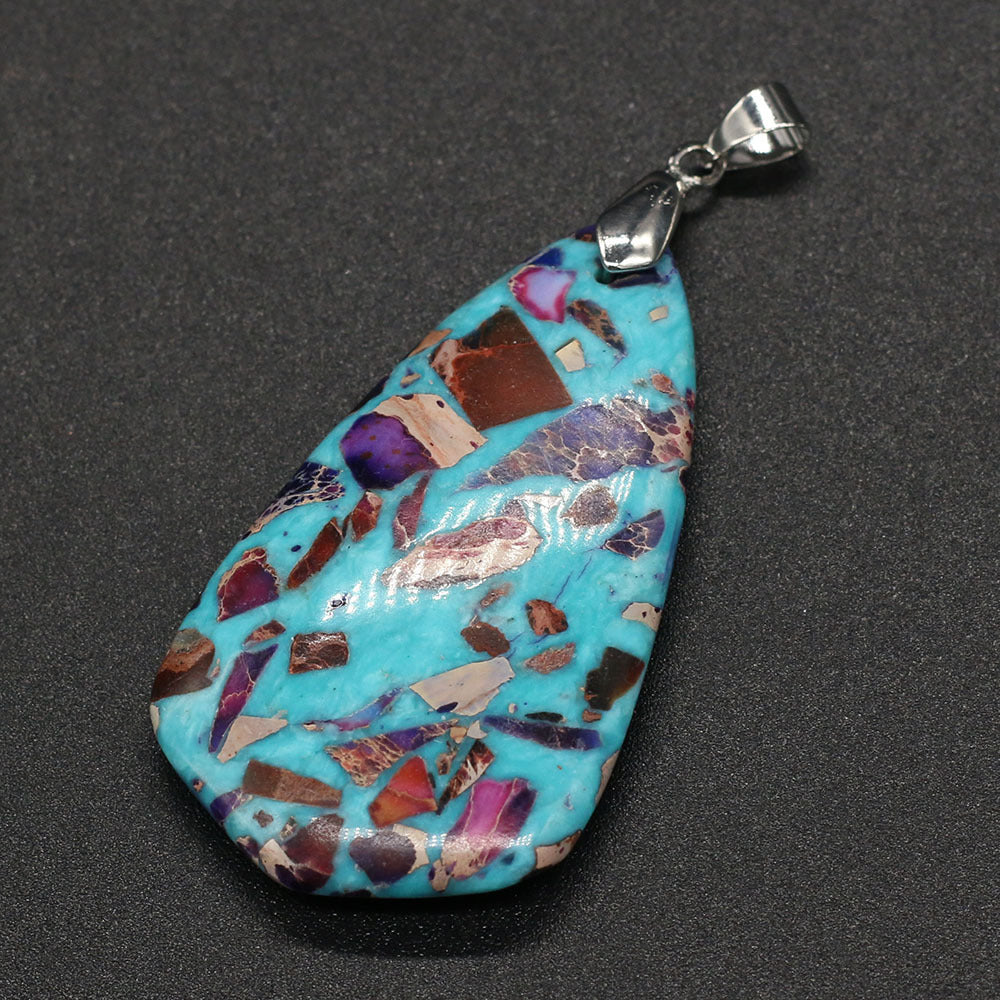 Synthetic Turquoise Teardrop Pendant with Stone inlay - Brass Silver Color Plated - 30x50mm - China - NEW922