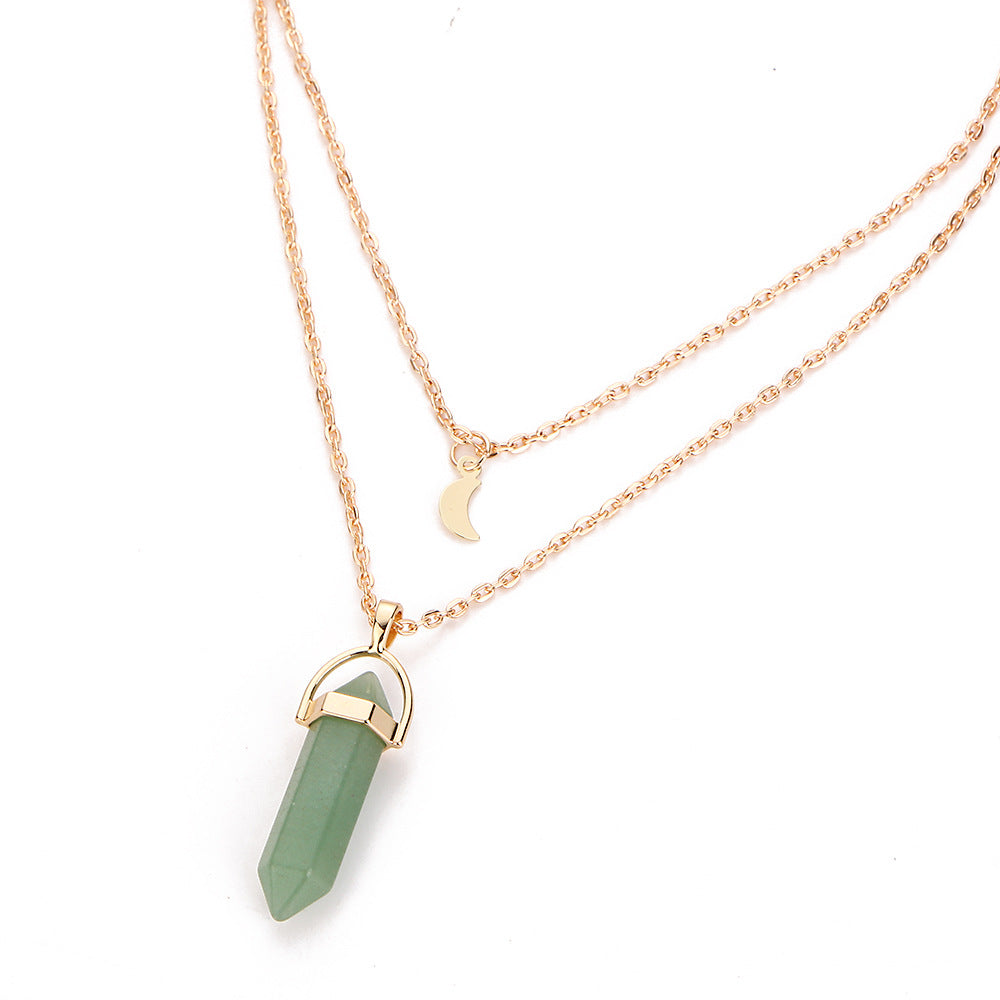 Green Adventurine Natural Stone Pendant 30mm on Moon Necklace Double layer chain - NEW222