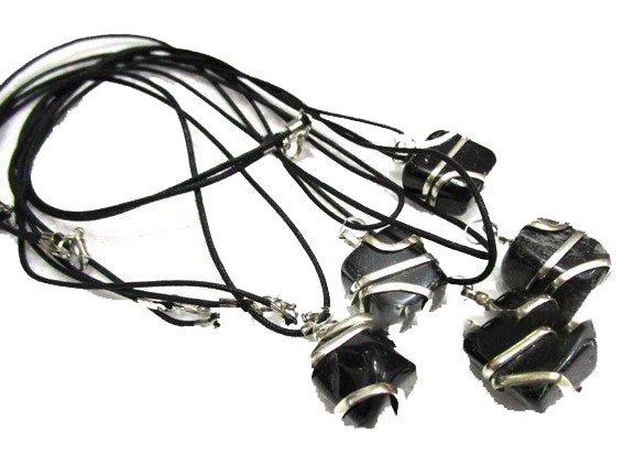 Black Tourmaline  Wire Wrapped Pendant on Cord - 25g - India