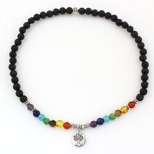 Lava Stone & Multi-Colored Gemstone Bracelet - Tree Of Life Charm