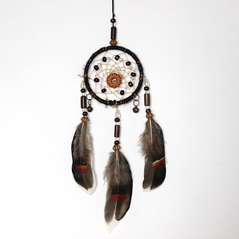 Fashion Dream Catcher with Velveteen Wrapped Hoop - Natural Feathers - Wood and Synthetic Beads - Brass Bells - Brown 40x7cm - NEW1220