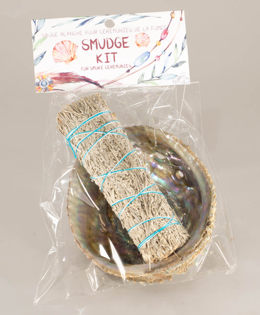 SMUDGE KIT - PINK ABALONE WITH BLUE SAGE 4 inch STICK
